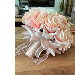 bridal wedding brooch floral bouquet pink peach ivory embellished rhinestones 9"